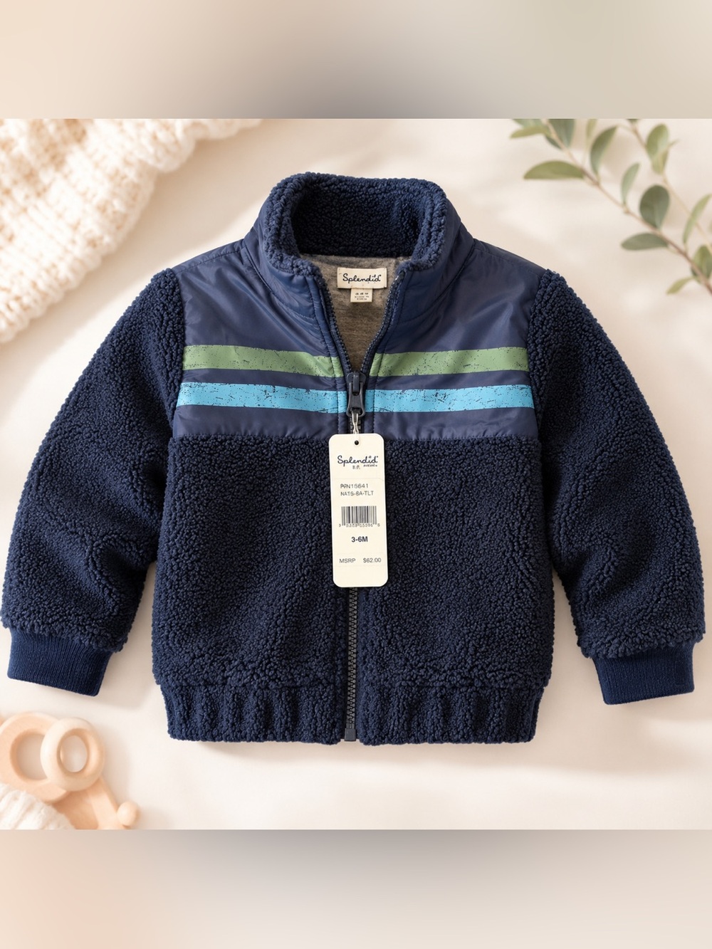 NWT Splendid Baby Boys Racing Stripe Sherpa Jacket Navy 3-6M